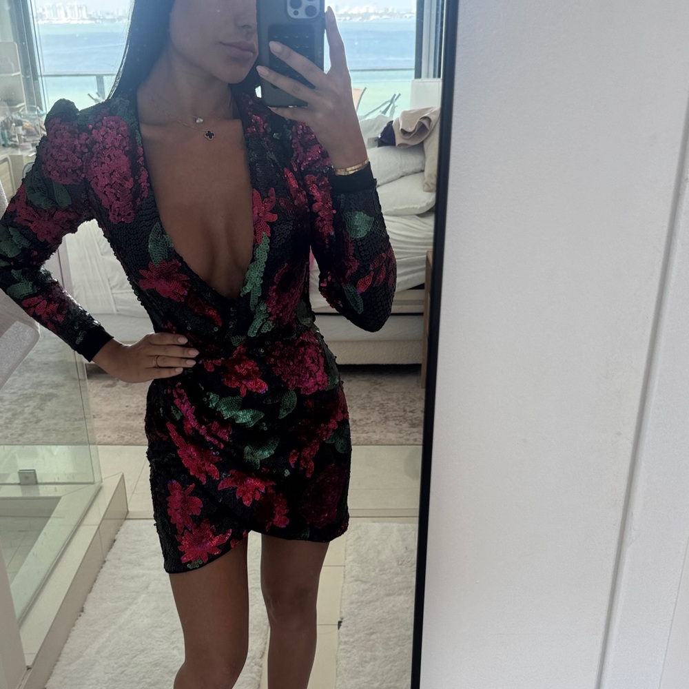 Saylor Sequin Floral Deep V Mini Dress in Black and Pink